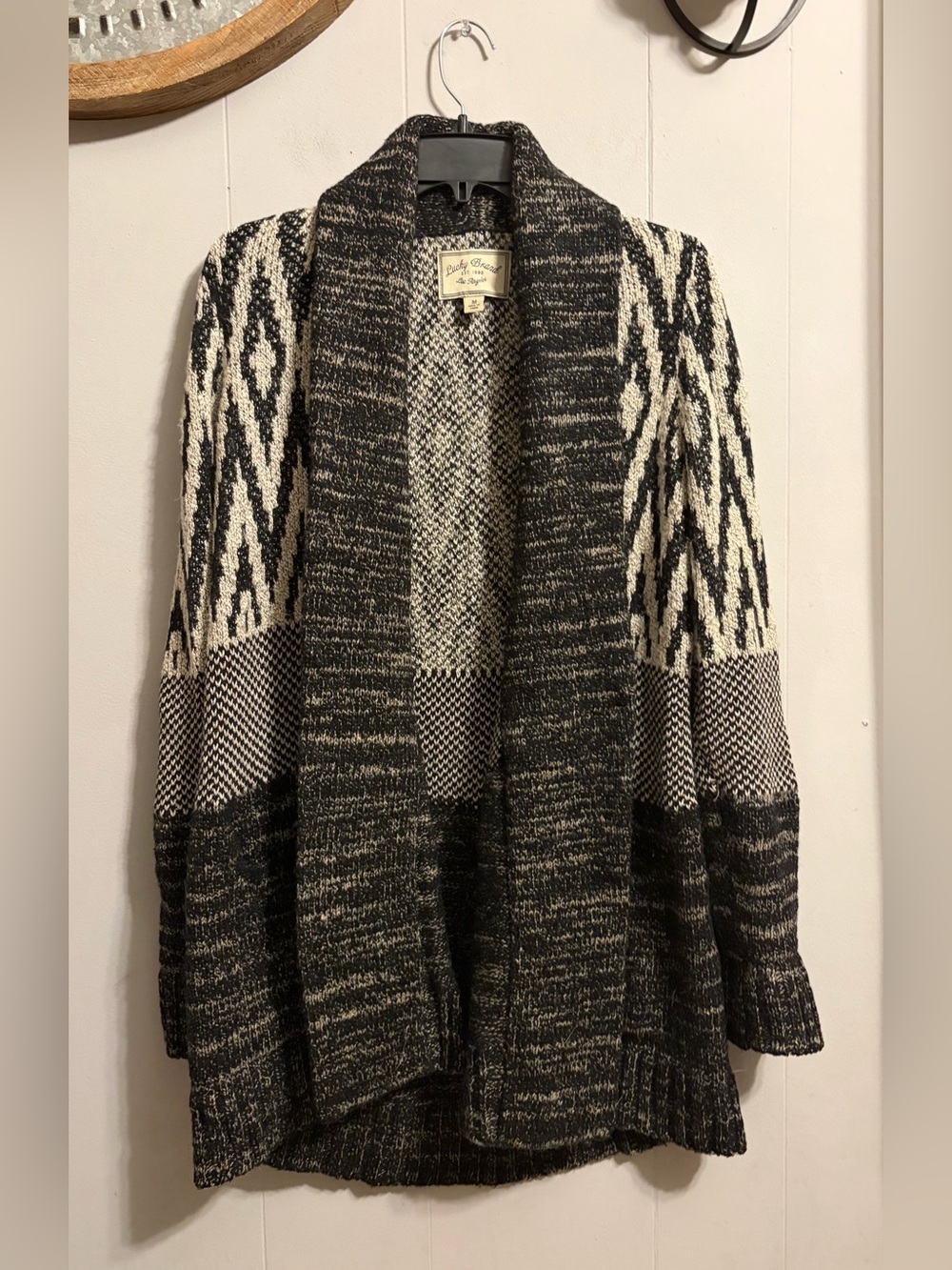 Lucky Brand Black and Cream Open Front Knit Cardigan